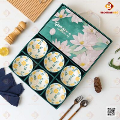Bộ 6 chén sứ họa tiết hoa vàng 2 chén sứ