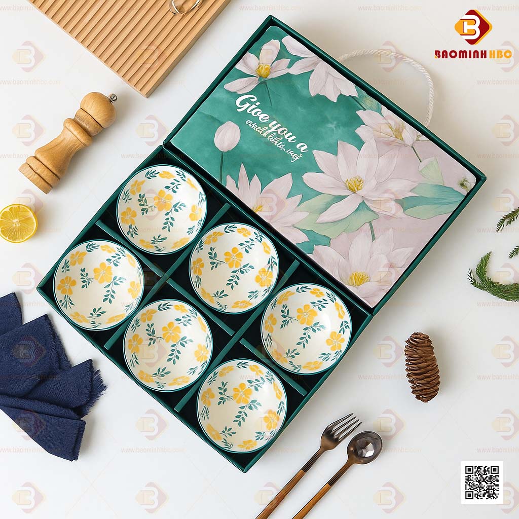 Bộ 6 chén sứ họa tiết hoa vàng 1 bộ 6 chén sứ cao cấp