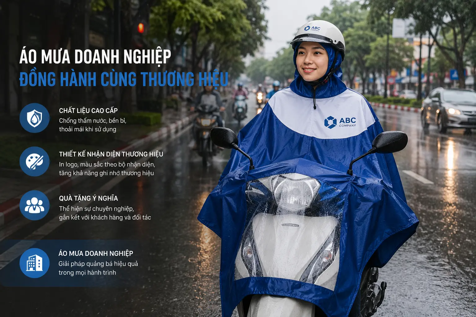 Áo Mưa Doanh Nghiệp In Logo 1 Khách hàng sử dụng áo mưa doanh nghiệp khi đi xe máy
