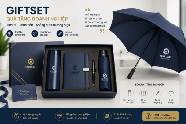 Giftset quà tặng doanh nghiệp kết hợp ô dù in logo