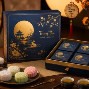 Hộp bánh trung thu dẻo quà tặng cao cấp trên bàn trang trí Trung Thu.