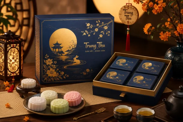 Hộp bánh trung thu dẻo cao cấp trên bàn trang trí Trung Thu.