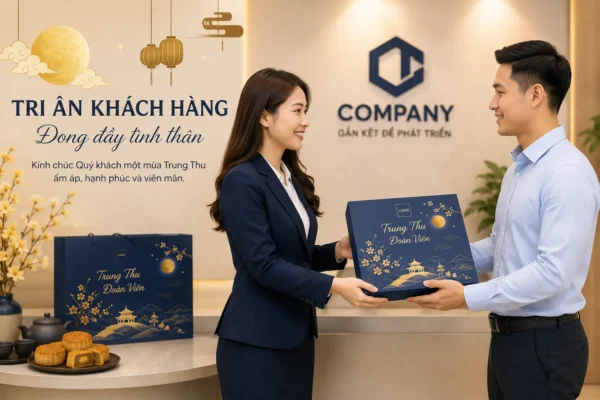 Doanh nghiệp trao tặng hộp bánh trung thu cho khách hàng.