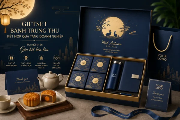 Giftset bánh trung thu kết hợp quà tặng doanh nghiệp.