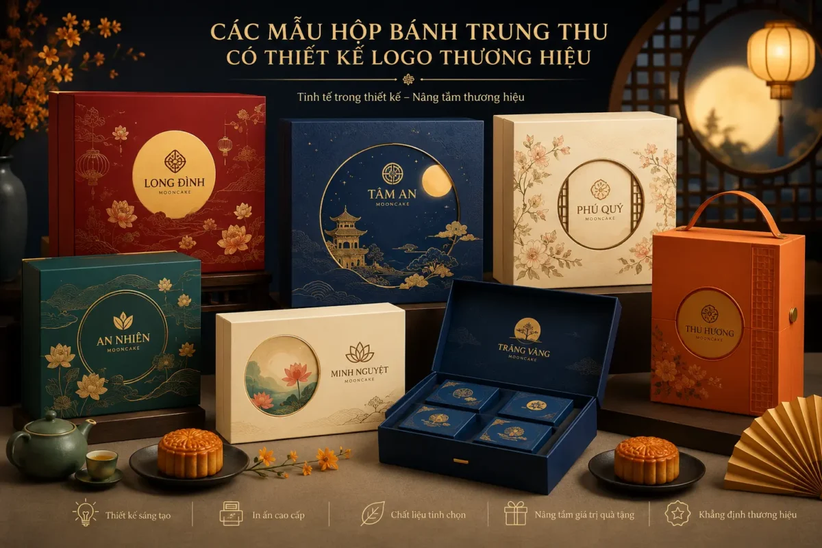 Các mẫu hộp bánh trung thu có thiết kế logo thương hiệu.