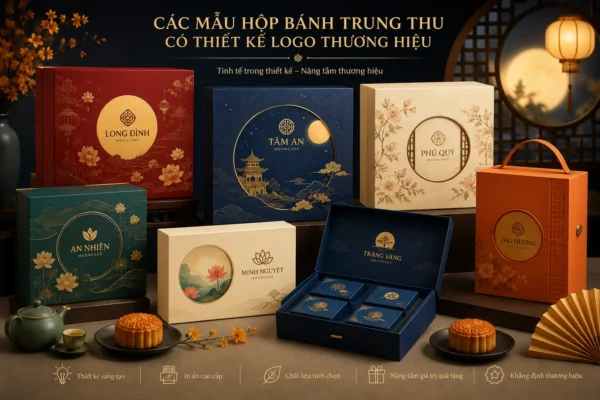 Các mẫu hộp bánh trung thu có thiết k�?logo thương hiệu.